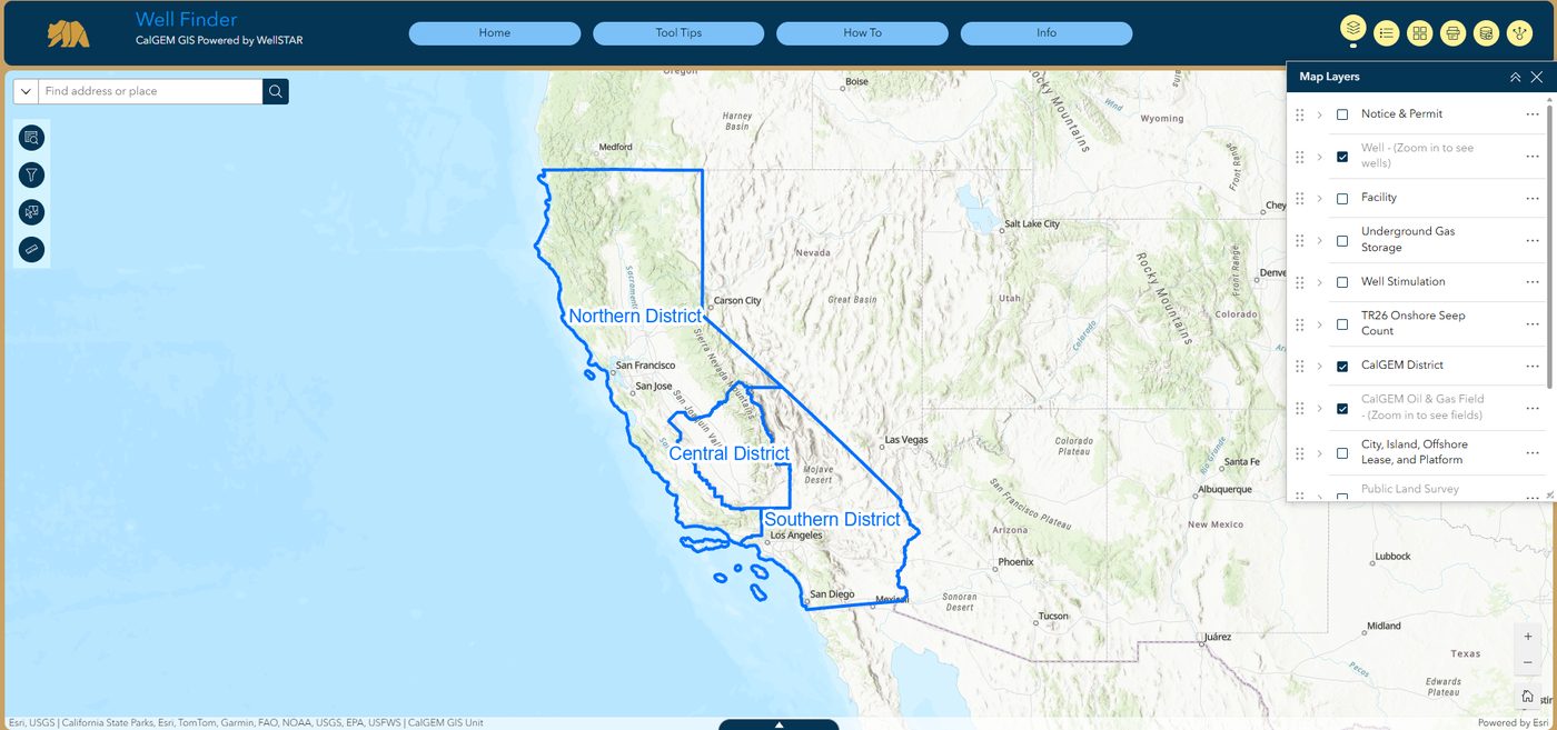 Map of California showing the three CalGEM oil and gas districts: Northern District, Central District and Southern District