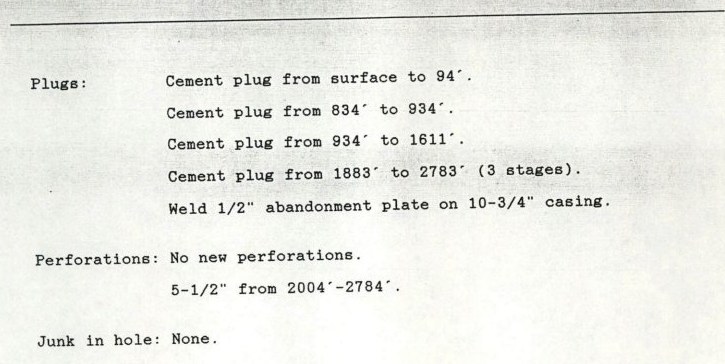 Plugging detail from a California oil well abandonment report listing cement plugs from surface to 94 feet, 834 to 934 feet, 934 to 1611 feet and 1883 to 2783 feet, a welded abandonment plate on 10-3/4 inch casing, perforations at 2004 to 2784 feet, and junk in hole recorded as none