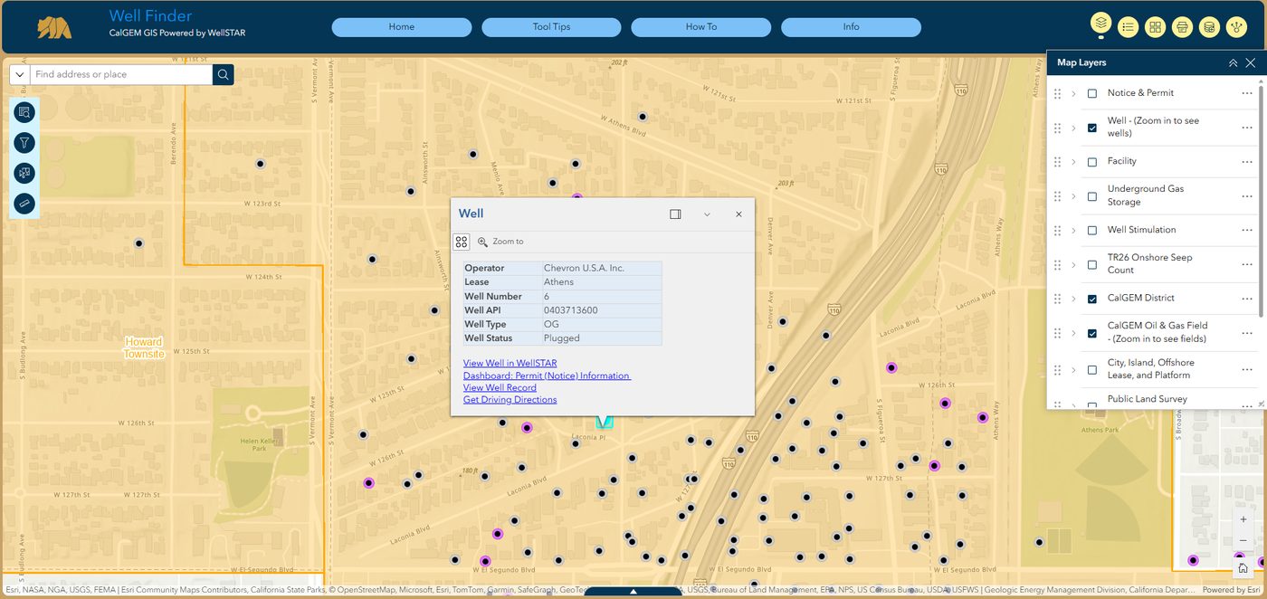 CalGEM Well Finder map showing oil wells under a Los Angeles residential neighbourhood, with a well detail popup listing operator Chevron U.S.A. Inc., lease Athens, API number 0403713600 and status Plugged