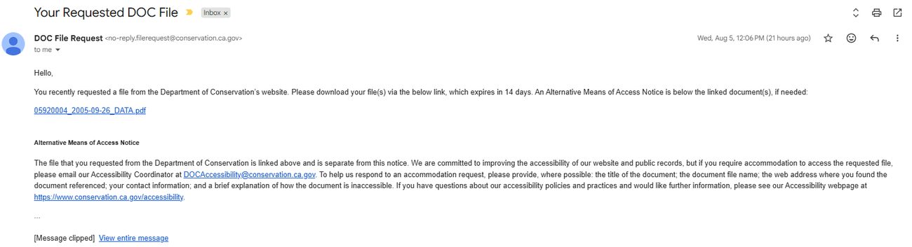 Email from the California Department of Conservation containing a download link to a requested oil well record PDF, with a notice that the link expires in 14 days
