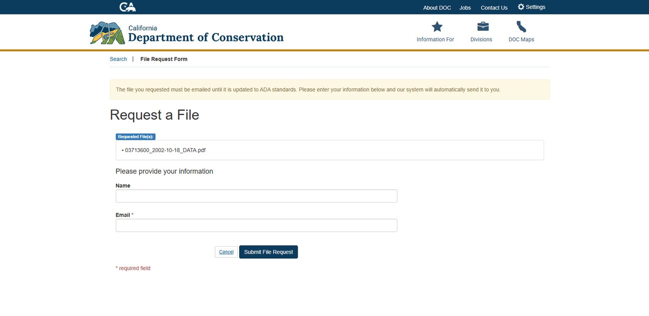 California Department of Conservation Request a File form asking only for name and email to receive a free well record PDF