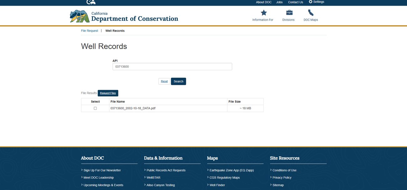 CalGEM well records file request page with API number 03713600 entered in the search box, returning one scanned well record PDF of about 18 MB